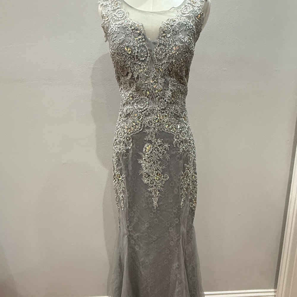 Cindy Collection Gray Silver Beaded Formal Gown w/ Shawl